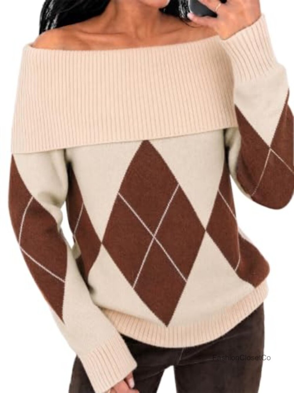 Off Shoulder Argyle Sweater Color Block Knit Pullover